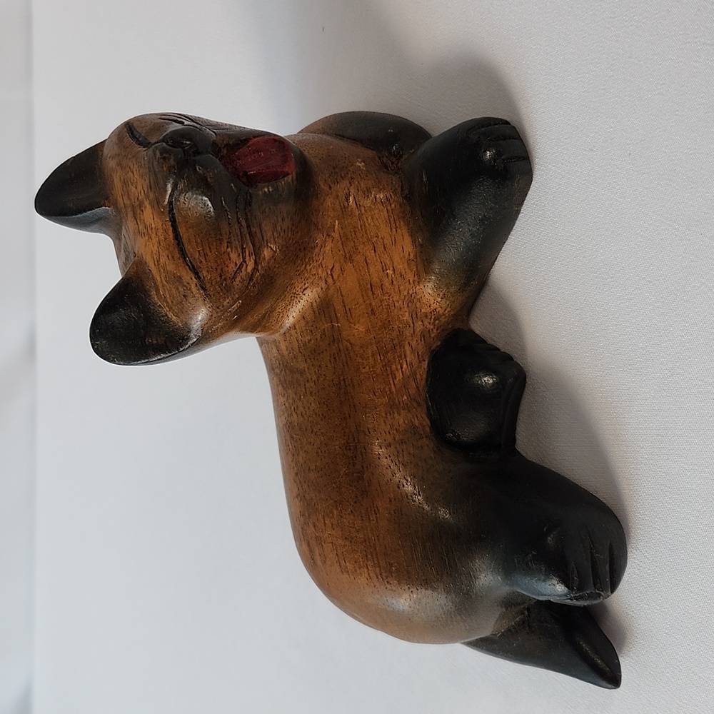 Mandalay Bay Co Black Brown Carved Wood Yawning Cat Figurine Scuplture Thailand - Picture 16 of 16